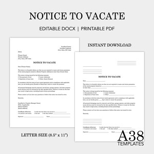 Notice to Vacate Template, Eviction Notice Template, Lease Termination, Landlord Forms, Property Manager, Tenant Notice, Printable, Editable