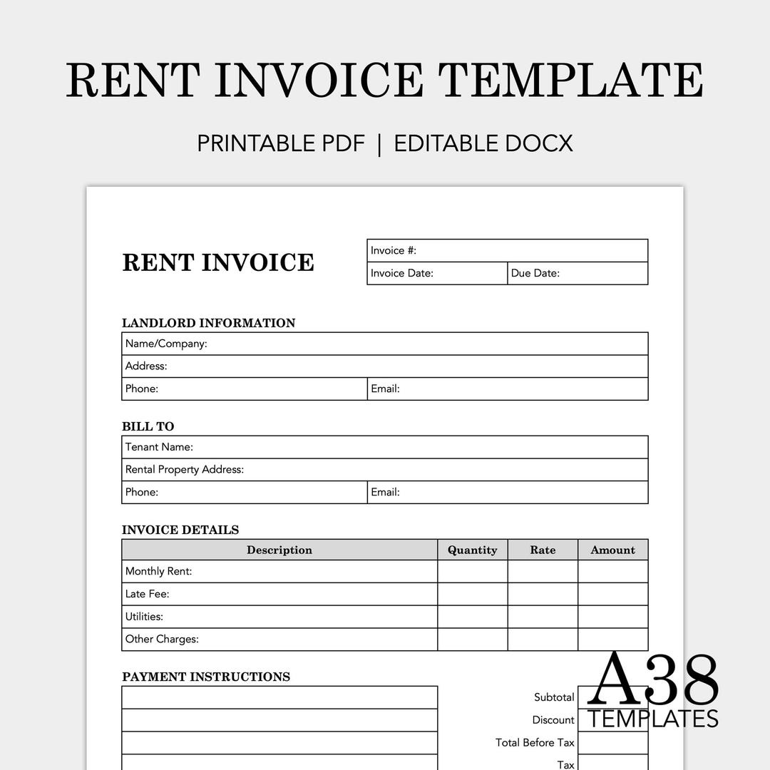 Rent Invoice Template: Landlord Form, Rental Property (printable PDF ...