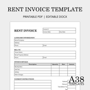 Może przedstawiać: Drukowany szablon faktury za wynajem z tekstem "RENT INVOICE TEMPLATE" u góry. Dokument zawiera sekcje z informacjami o wynajmującym i najemcy, szczegółami faktury i instrukcjami płatności. Szablon jest dostępny w formacie PDF i edytowalnym DOCX.