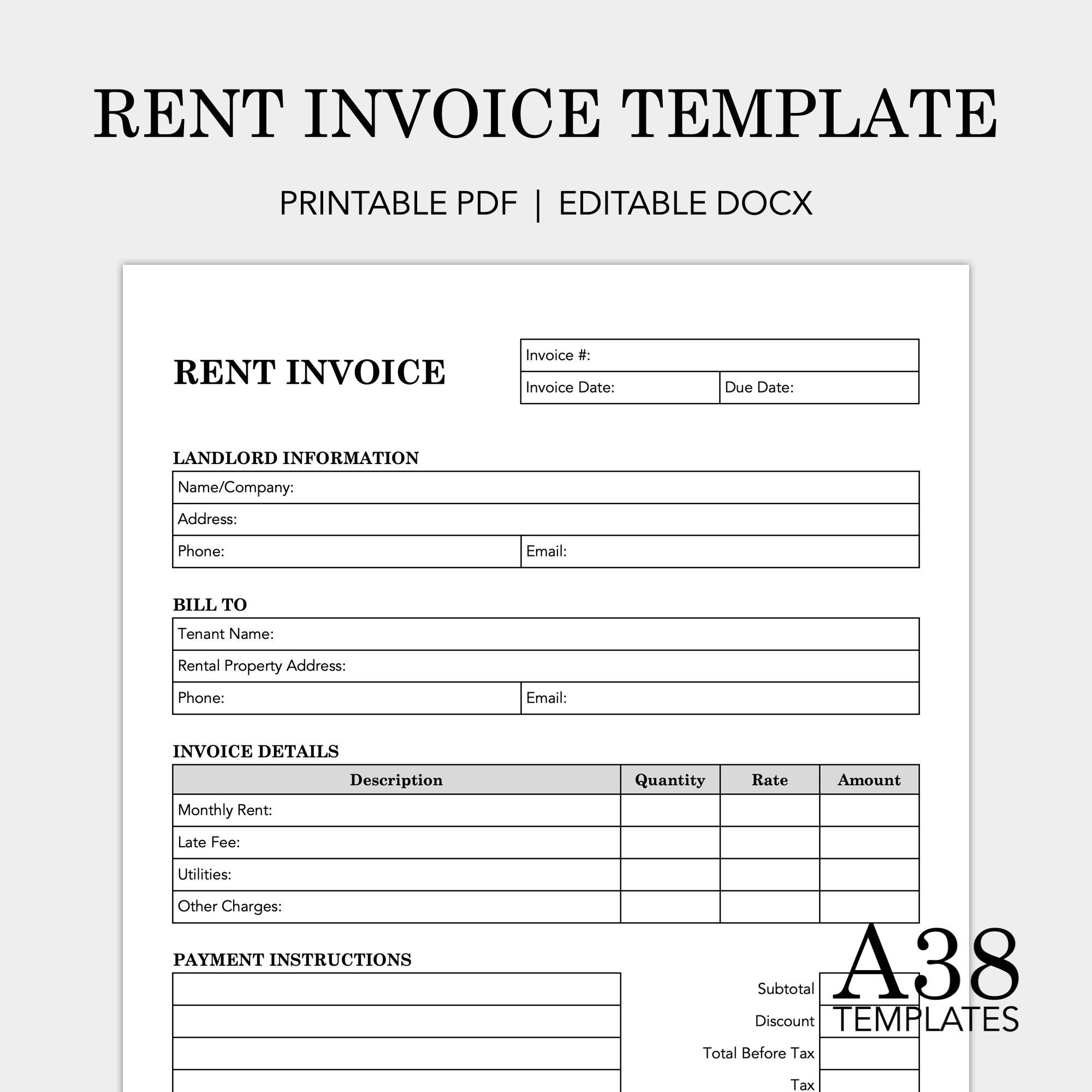 Rent Invoice Template: Landlord Form, Rental Property (printable PDF ...