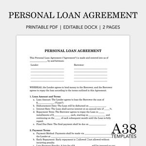 Sjabloon persoonlijke leningovereenkomst, persoonlijk leningcontract, leningsovereenkomst, leningcontract, schuldbekentenis, promesse, afdrukbaar, bewerkbaar