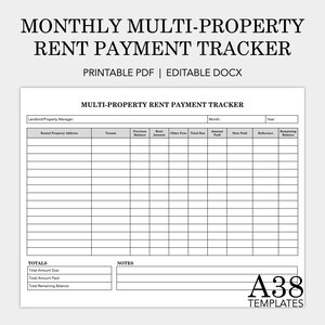 May include: A white printable document titled "MONTHLY MULTI-PROPERTY RENT PAYMENT TRACKER". The document includes fields for rental property address, tenant, rent amount, and payment details. The document also includes the text "PRINTABLE PDF | EDITABLE DOCX".