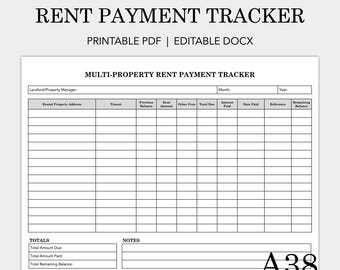 Monthly Multi-Property Rent Payment Tracker Template: Landlord Form, Rental Property (Printable PDF & Editable DOCX)