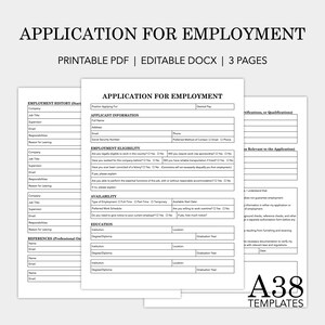 May include: A printable PDF and editable DOCX employment application form with a clear, professional layout. The form includes sections for employment history, applicant information, and education. The text "APPLICATION FOR EMPLOYMENT" is at the top.