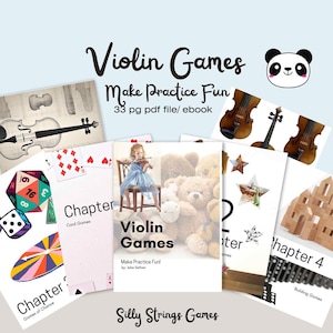 Puede incluir: Una portada colorida para un libro electrónico de juegos de violín para niños. La portada presenta un panda, un violín y el título "Violin Games: Make Practice Fun!" con el subtítulo "Silly Strings Games".