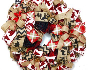 Woodland Buffalo Plaid Wreath, Rustic Buffalo Plaid Deco Mesh Wreath, Rustic Wreath, Woodland Animals Wreath, Red and Black Buffalo Wreath