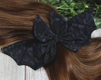 Big bat hair bow, Dark charcoal fabric with floral patterns, bat hair bow, Bat wings hair clip, witchy hair bow, goth hair, Moth and Fae