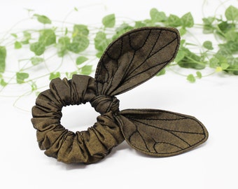 Cicada scrunchie, embroidered cicada wings scrunchie  / insect scrunchie / gold scrunchie / ecofriendly scrunchie / Moth and Fae