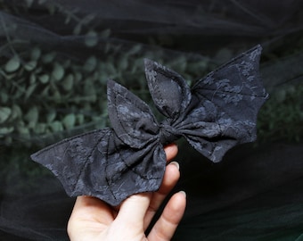 Big bat hair bow, Dark charcoal fabric with floral patterns, bat hair bow, Bat wings hair clip, witchy hair bow, goth hair, Moth and Fae