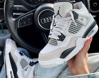 Jordan 4 Military.White.Black-Neutral Grey- Sneaker pour homme, sneaker pour femme, meilleur cadeau- BUNNY20