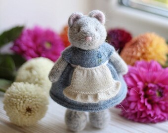 Knitted grey mouse toy in blue dress - Woodland baby toy - Handmade stuffed mouse toy for baby shower or baby birthday gift