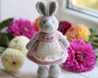 Knitted bunny rabbit toy in dress - handmade woodland baby toy - stuffed bunny animal toy