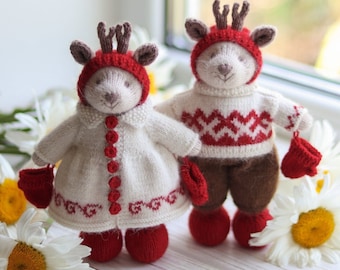 Christmas knitted deers couple in red white outfit - Knitted stuffed reindeers toys in Christmas style- I DONʼT ACCEPT ORDERS for toys