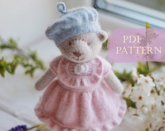 Knitted bear PATTERN-Small knitted bear doll in dress-Pdf pattern tutorial