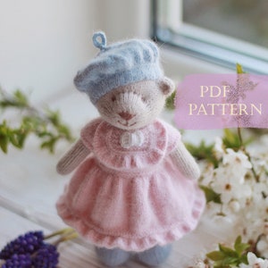 Knitted bear PATTERN-Small knitted bear doll in dress-Pdf pattern tutorial image 1