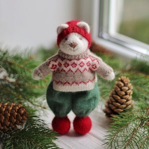 Hand knit teddy bear toy in Christmas style - Knitted small bear animal toy for Christmas gift
