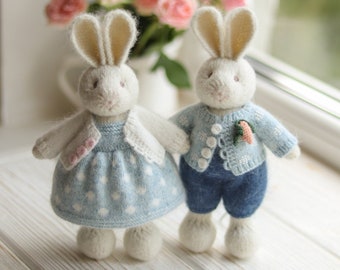 Knitted Easter bunny rabbit couple - Stuffed couple of knitted dressed bunnies - I temporarily DONʼT ACCEPT ORDERS for toys