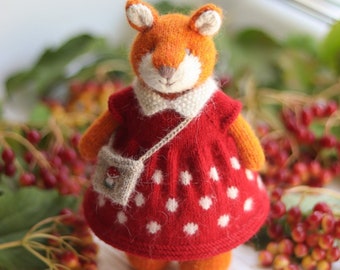 Knitted little fox toy in a red dress with a tiny bag - Knitted stuffed fox woodland stuffed animal toy- I DONʼT ACCEPT ORDERS for toys