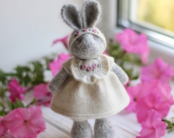 Knitted bunny rabbit toy in dress - Handmade stuffed bunny animal toy - I temporarily DONʼT ACCEPT ORDERS for toys