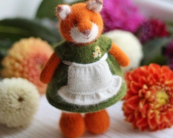 Knitted fox toy in green dress - stuffed knitted animal toy - hand knit fox doll - I temporarily DONʼT ACCEPT ORDERS for toys