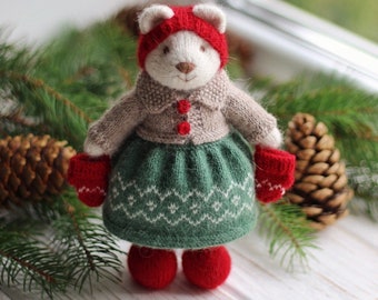 Knitted stuffed bear girl toy in Christmas style clothes - knitted dressed teddy bear - I temporarily DONʼT ACCEPT ORDERS for toys