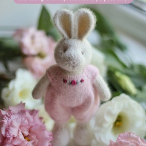 Knitted small bunny rabbit doll - Handmade bunny rabbit doll in a pink overall - I temporarily DONʼT ACCEPT ORDERS for toys