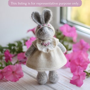 Knitted bunny rabbit toy in dress - Handmade stuffed bunny animal toy - I temporarily DONʼT ACCEPT ORDERS for toys