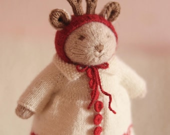 Knitted Christmas deer toy in cream coat with tiny red mittens - Knitted stuffed deer girl for Christmas gift