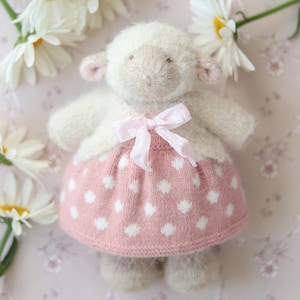 Knitted plush lamb doll in a cute pink dress for Easter gift - Hand knit Easter stuffed lamb sheep girl in pink dress