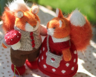 Handmade couple of knitted squirrels in cozy clothes - Hand knit stuffed squirrel doll toy for Christmas or Thankgiving day gift