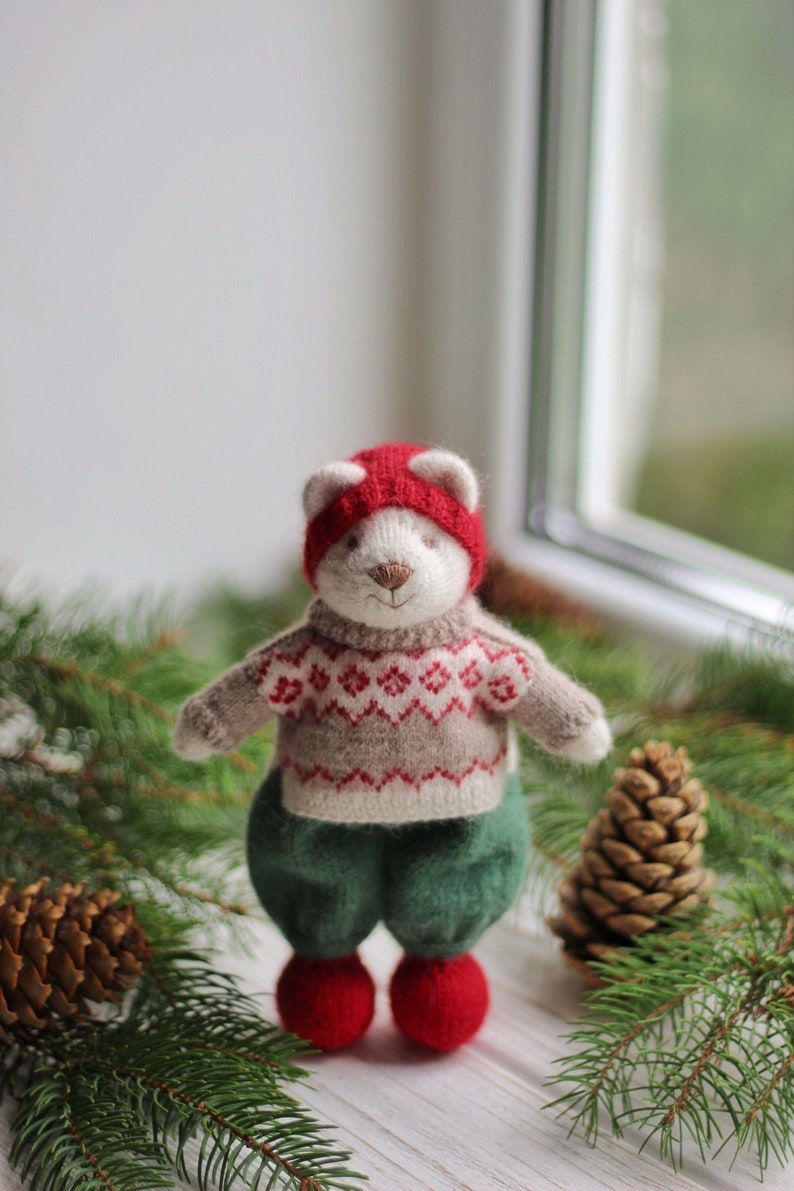 Hand knit teddy bear toy in Christmas style knitted small bear animal toy I temporarily DONʼT ACCEPT ORDERS for toys image 2