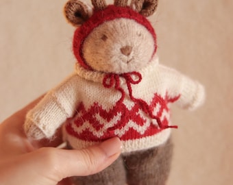 Knitted Christmas deer toy in knitted sweater - Knitted stuffed reindeer boy for Christmas gift
