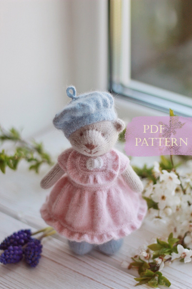 Knitted bear PATTERN-Small knitted bear doll in dress-Pdf pattern tutorial image 1