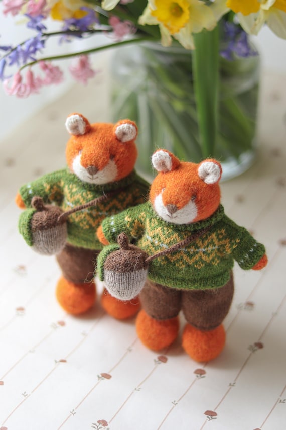 Knitted Fox Boy in a Green Sweater With a Tiny Acorn Hand Knit
