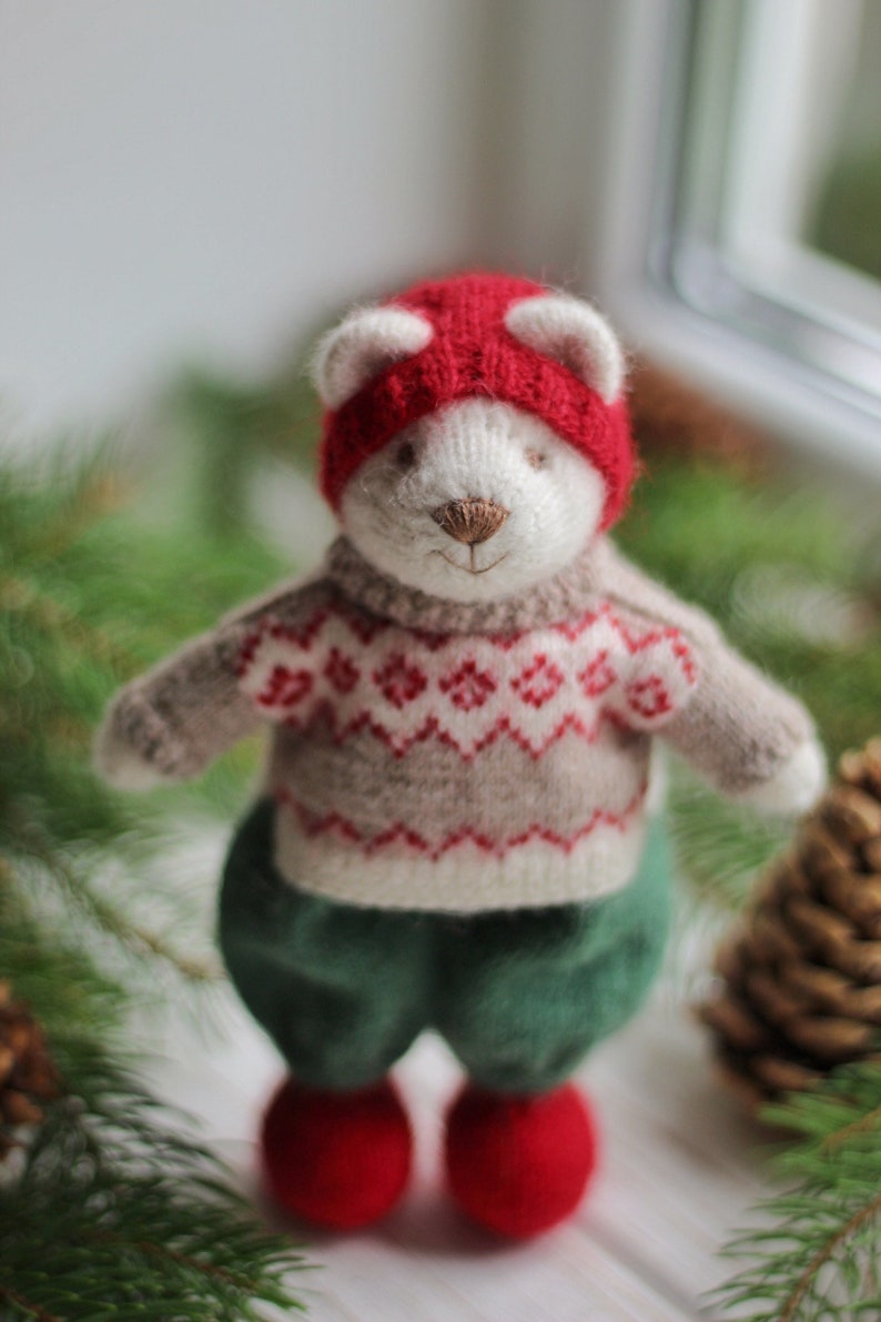 Hand knit teddy bear toy in Christmas style knitted small bear animal toy I temporarily DONʼT ACCEPT ORDERS for toys image 3