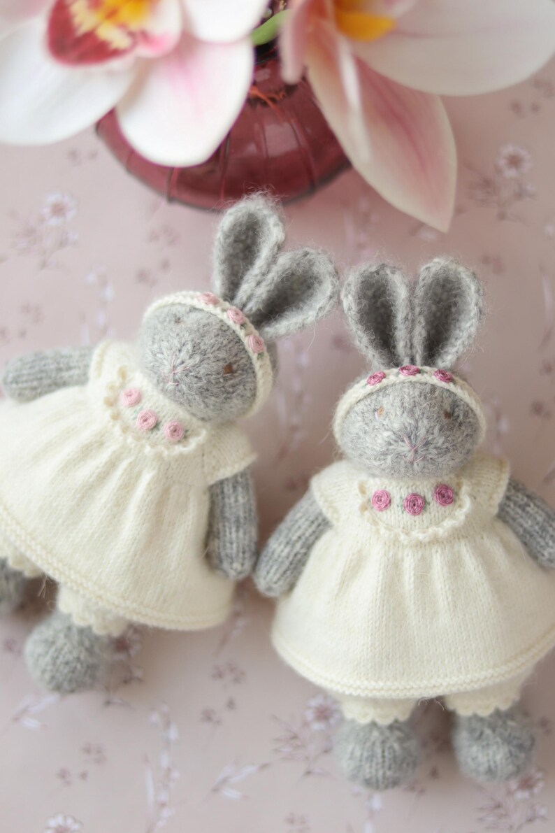 Grey Rabbit Doll Knitted Little Grey Bunny Rabbit Animal Doll in a Milk Dress - Hand ...