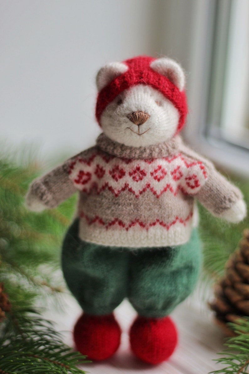 Hand knit teddy bear toy in Christmas style knitted small bear animal toy I temporarily DONʼT ACCEPT ORDERS for toys image 4