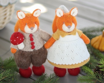 Couple of knitted squirrels in knitted clothes - Handmade little stuffed dressed squirrel