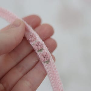 May include: A close-up of a pink, braided trim with embroidered rose details. The trim is held in a hand, showcasing the delicate floral pattern and soft texture. The roses are in shades of pink and green.