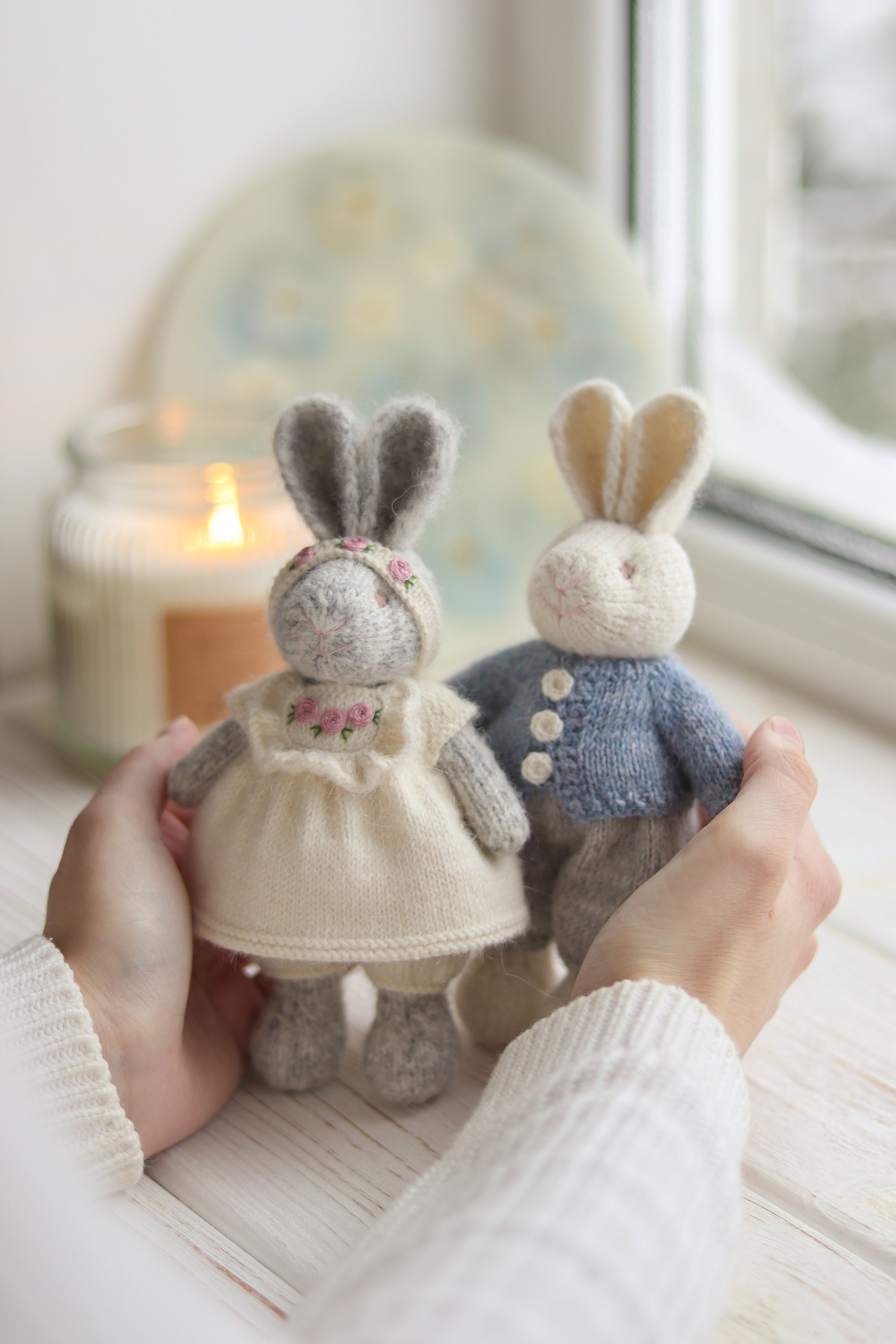 Knitted Grey Rabbit Handmade Knitted Couple of Rabbits