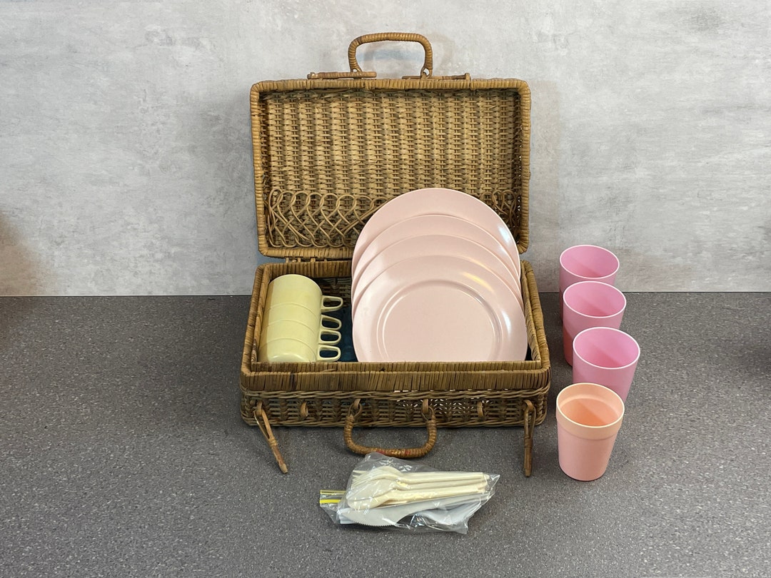 Vintage Picnic Hamper Set in Wicker Basket Plates Cups Etsy