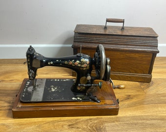 Vintage Singer Manual Hand-Crank Sewing Machine, 1890, "Coffin" Case, Antique