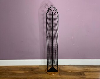 Black Metal Wire Audio CD Storage Tower Rack with Wood Base, Stores 48 CDs, Free Standing