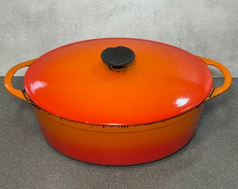 Cast Iron Enamel Flame Volcanic Orange Casserole Pot Dish Oval Size 14 + Lid