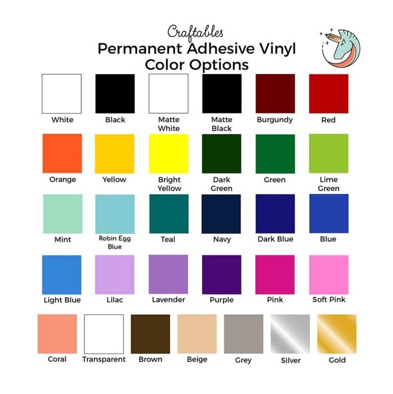 May include: A color chart for Craftables permanent adhesive vinyl. The chart displays a variety of color options, including white, black, red, orange, yellow, green, blue, pink, and more. The text "Craftables Permanent Adhesive Vinyl Color Options" is at the top.