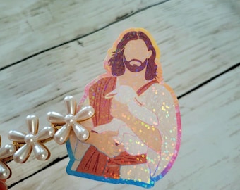 Glitter Jesus Sticker | Jesus Holding Baby Lamb | Christian Faith Sticker | Bible Verse Aesthetic | Religious Gift | Vinyl Waterproof
