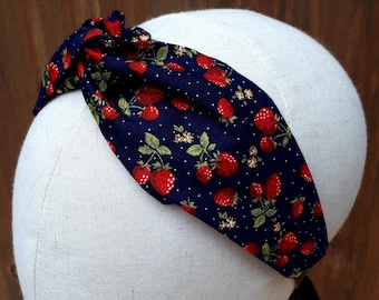 Bespoke Twisted Hairband - 100% Cotton - Strawberries on Navy - Cottagecore, Bohemian, Witch, Wiccan & Environmentally Friendly -