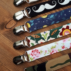 Fabric Dummy/ Pacifier Clip - Reclaimed Cotton - Patterns - Moustaches/ Lemons/ Flowers/ Camouflage
