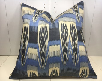 Blue Silk Ikat Pillow Cover 24x24, Modern Accent Pillow