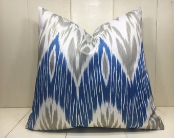 Handwoven Silk Ikat Pillow Cover, Blue & Gray Accent, 20x20